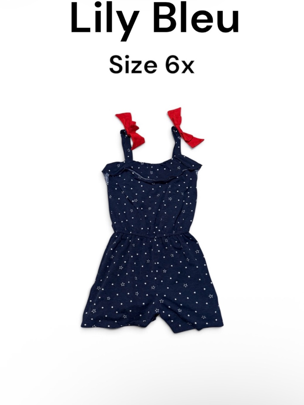 Lily Bleu Navy Star Print Romper with Red Bow Straps